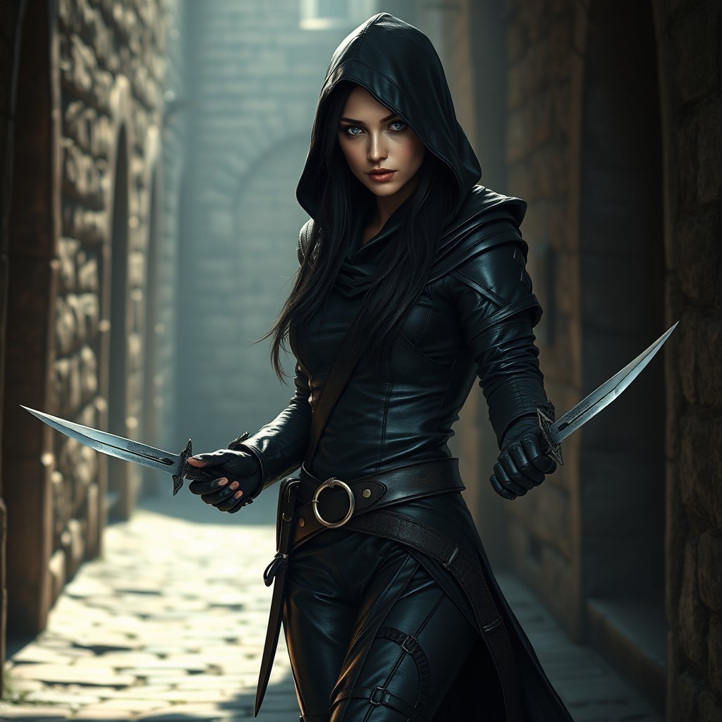 A stunning human female rogue character, clad in sleek dark leather armor, featuring strikingly beautiful blue eyes