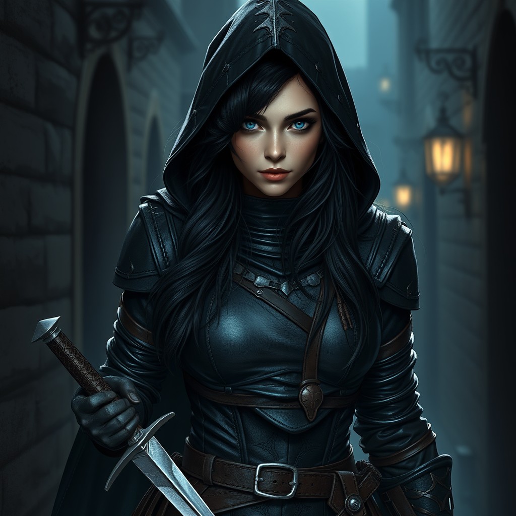 A stunningly beautiful female rogue character wearing dark leather armor, her striking blue eyes piercing through the shadows