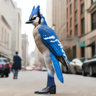 As the comic book superhero flew through the city, a blue jay landed on his shoulder, complementing his iconic outfit.