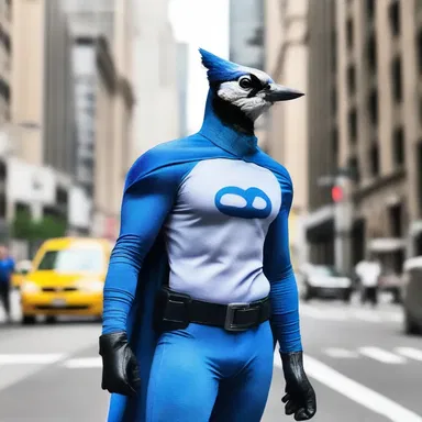 As the comic book superhero flew through the city, a blue jay landed on his shoulder, complementing his iconic outfit.