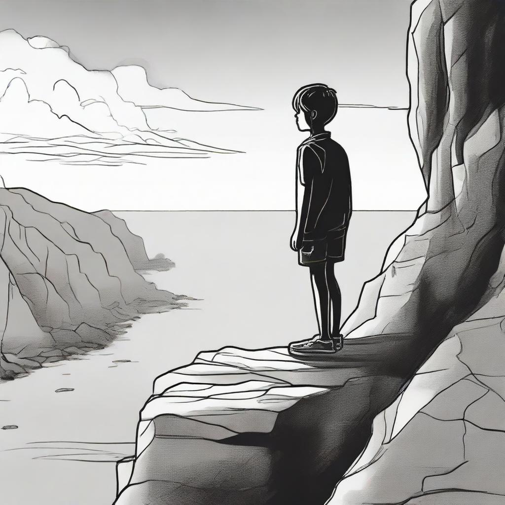 Illustrate a scene of a boy, colored in black and white, standing and daydreaming about a girl. The girl is vividly colored, side faced and located on a rocky cliff during the sunset.