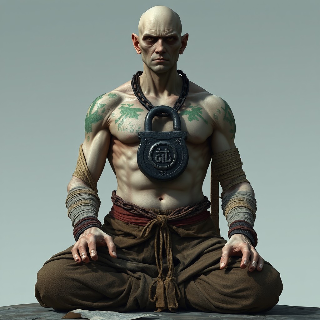A tall and gaunt monk from the Way of the Long Death, captured in a serene meditative pose