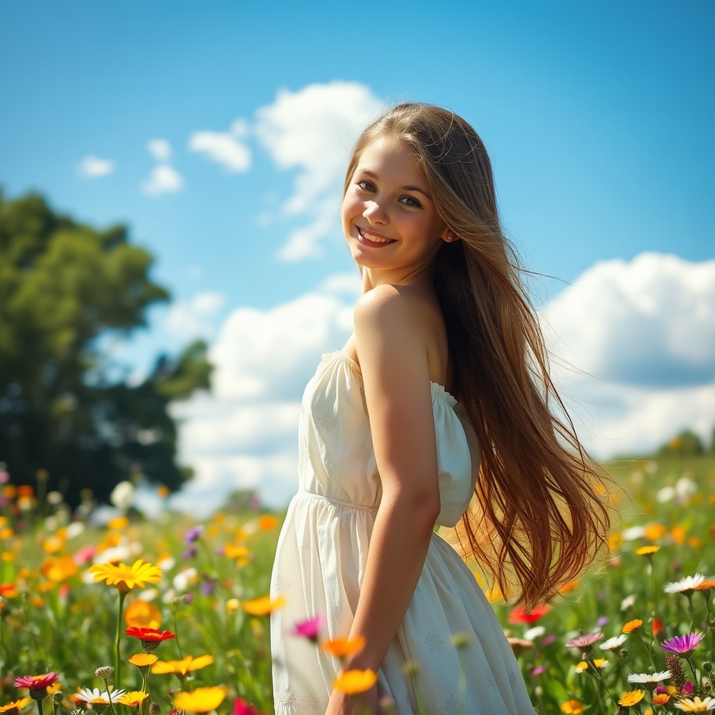 A young woman with long flowing hair, standing in a sunlit meadow filled with wildflowers