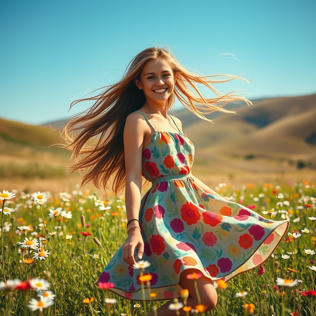 A vibrant and lively scene depicting a young woman with long, flowing hair, wearing a colorful summer dress, standing in a sunlit meadow filled with wildflowers