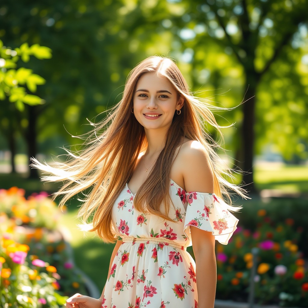 A young woman with long flowing hair standing in a sunlit park, wearing a flowy summer dress with floral patterns