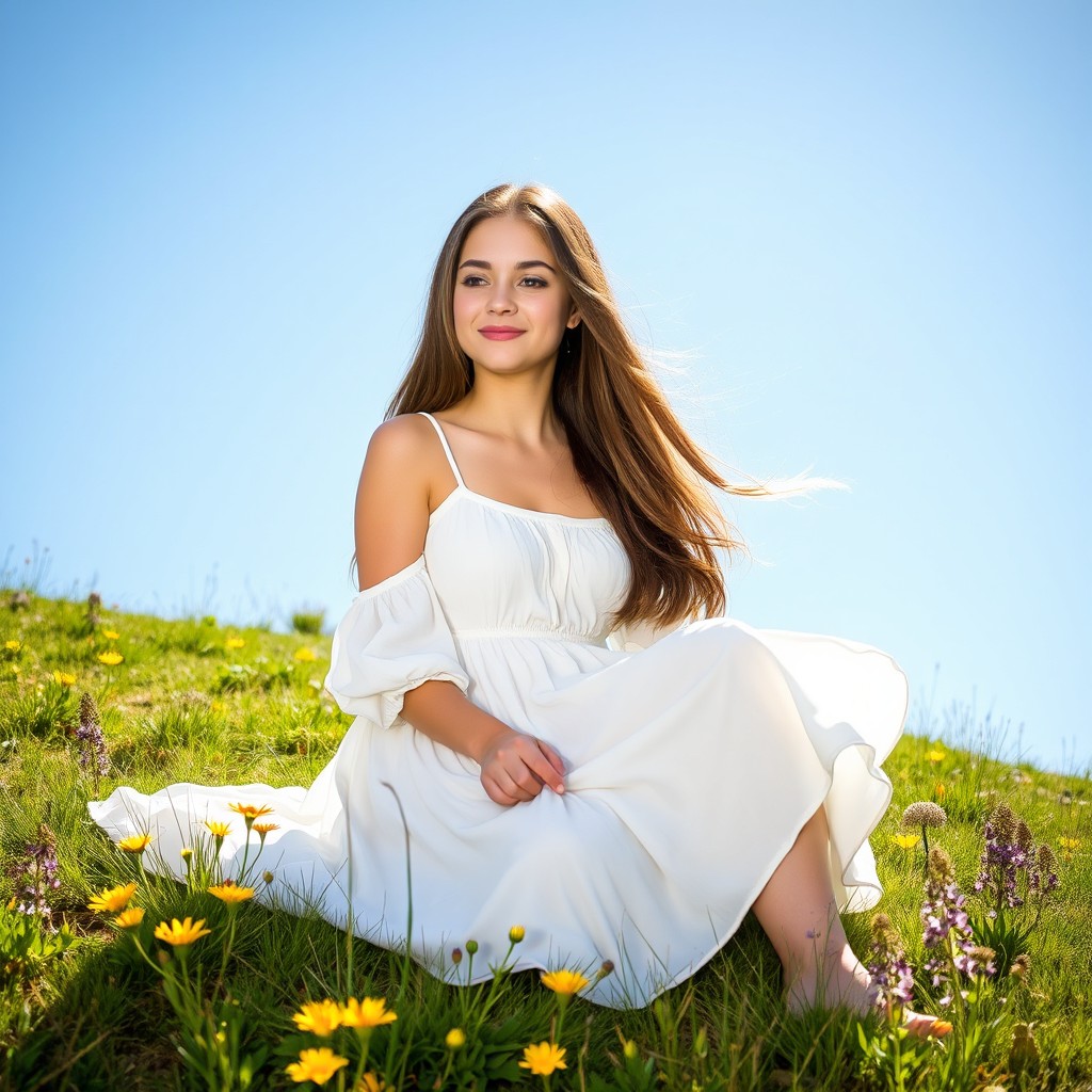 A young woman sitting on a grassy hill under a clear blue sky, wearing a flowing white dress that gently sways in the breeze