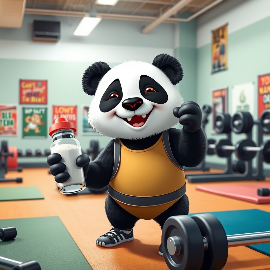 A whimsical panda character dressed in gym attire, cheerfully carrying a large salt shaker while surrounded by gym equipment like weights and exercise mats
