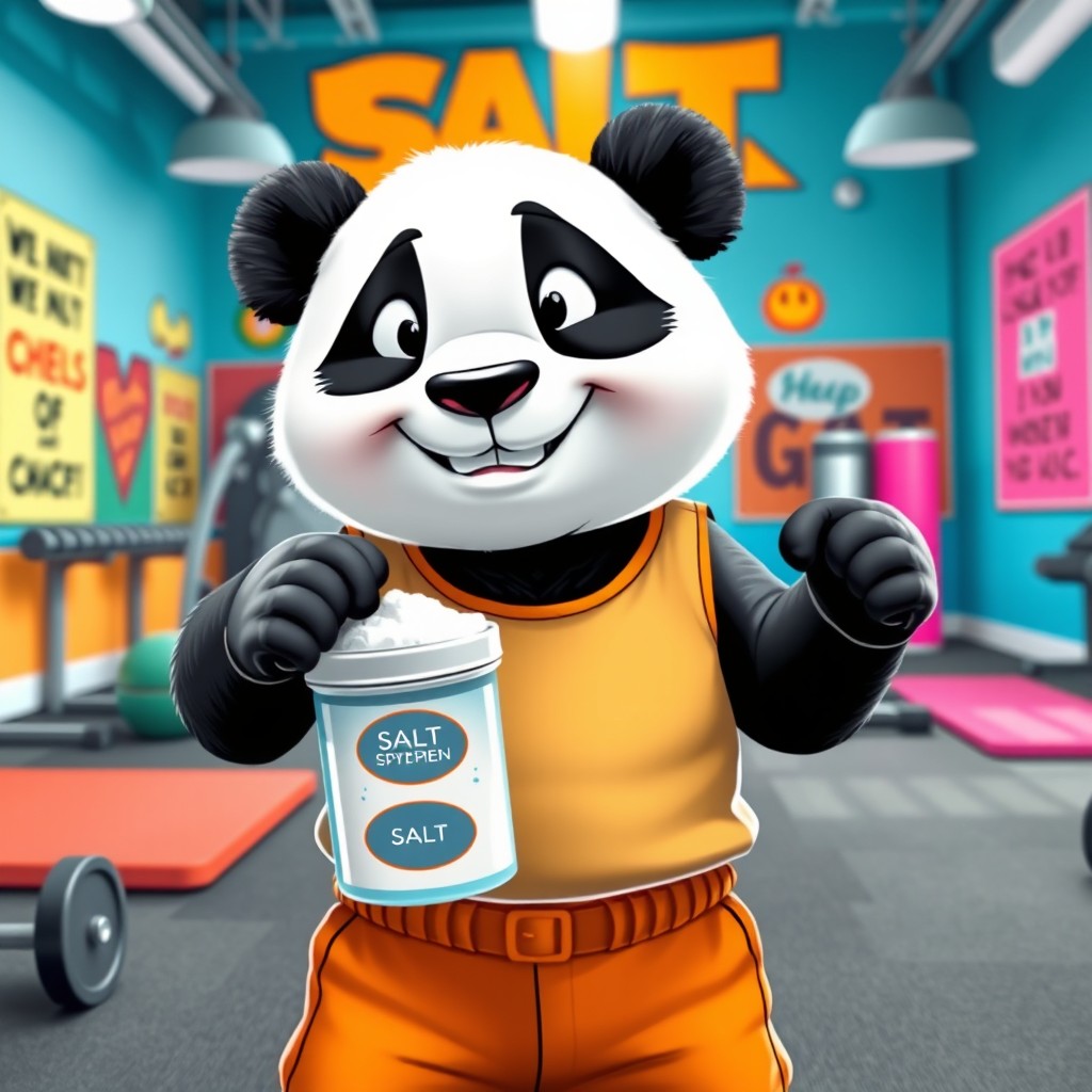 A cheerful panda wearing a sporty gym outfit, with a determined expression, is carrying a container of salt while working out in a bright and colorful gym setting