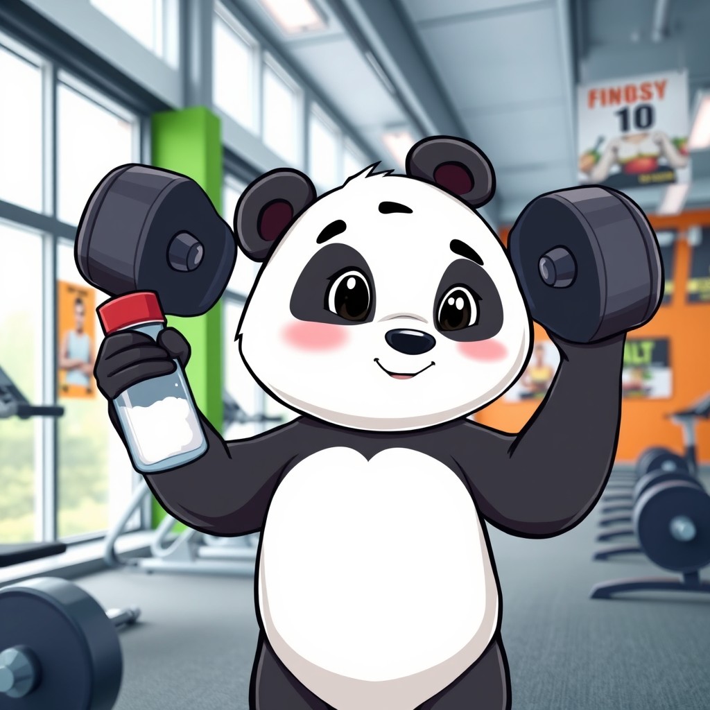 A cute panda lifting weights in a modern gym, focusing on fitness