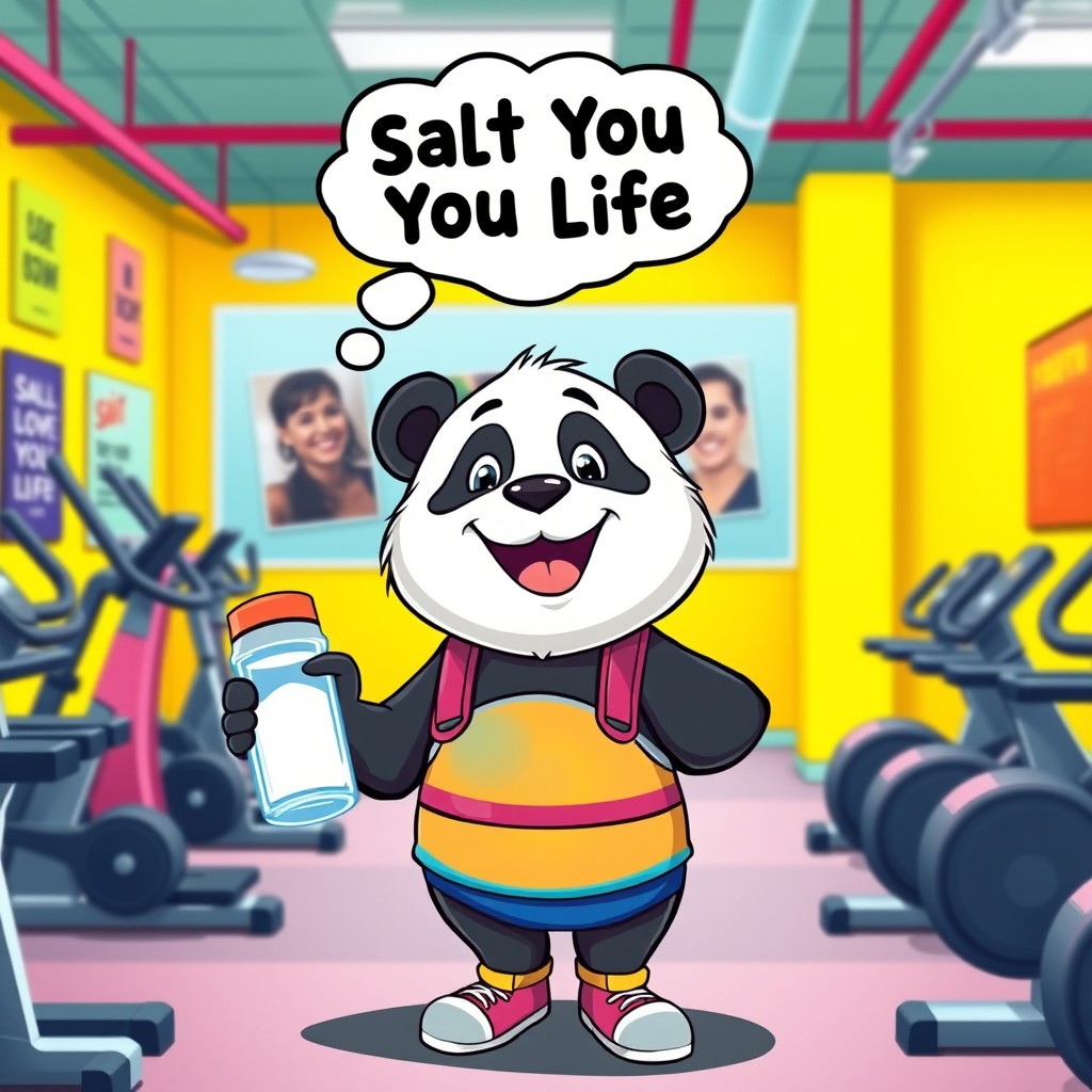 A cheerful panda in a vibrant gym, donning a colorful workout outfit, is humorously carrying a salt shaker