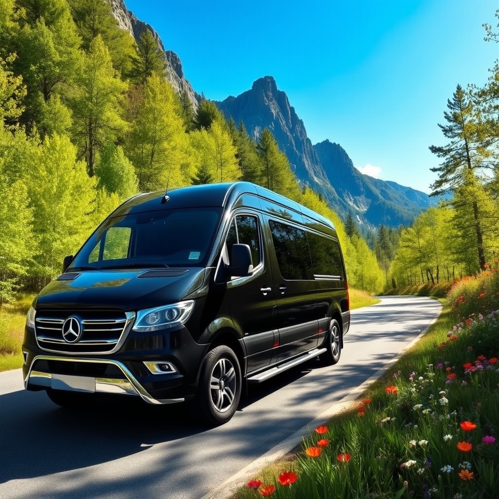 A stunning black van parked on a scenic mountain road surrounded by lush green trees and vibrant wildflowers, with a clear blue sky overhead