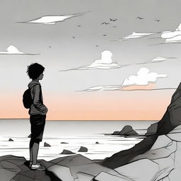 Illustrate a scene of a boy, colored in black and white, standing and daydreaming about a girl. The girl is vividly colored, side faced and located on a rocky cliff during the sunset.