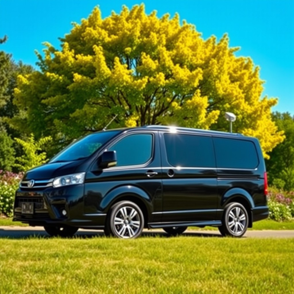 A stunning black van parked in a lush green landscape with vibrant trees and flowers