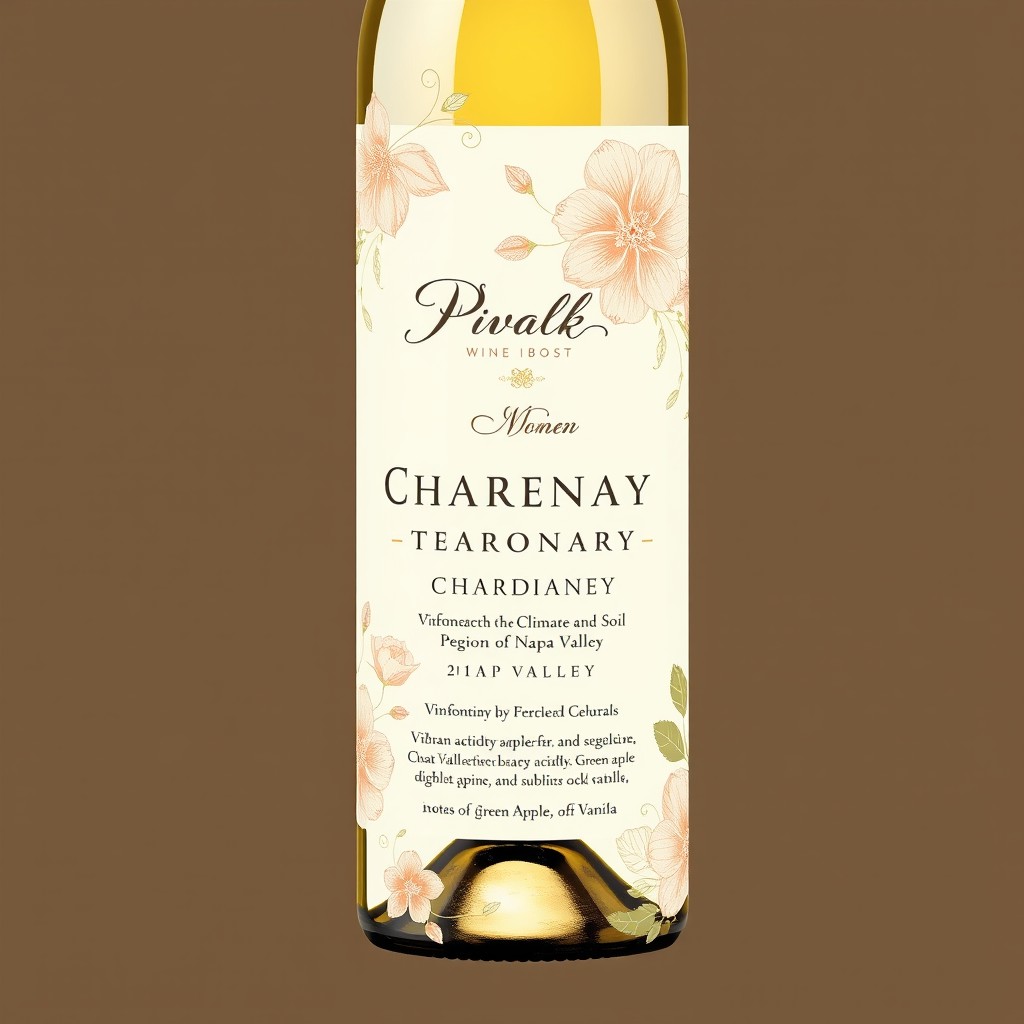 A beautifully designed wine label for a fictional wine brand, featuring a delicate and aesthetic style that appeals to women