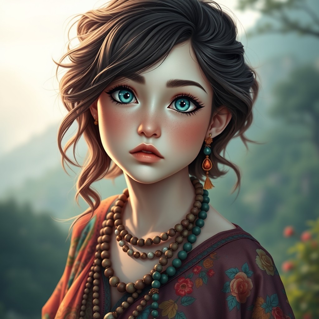 A hyper-realistic portrait of a young Yandere hippie woman with a short stocky build and wide hips