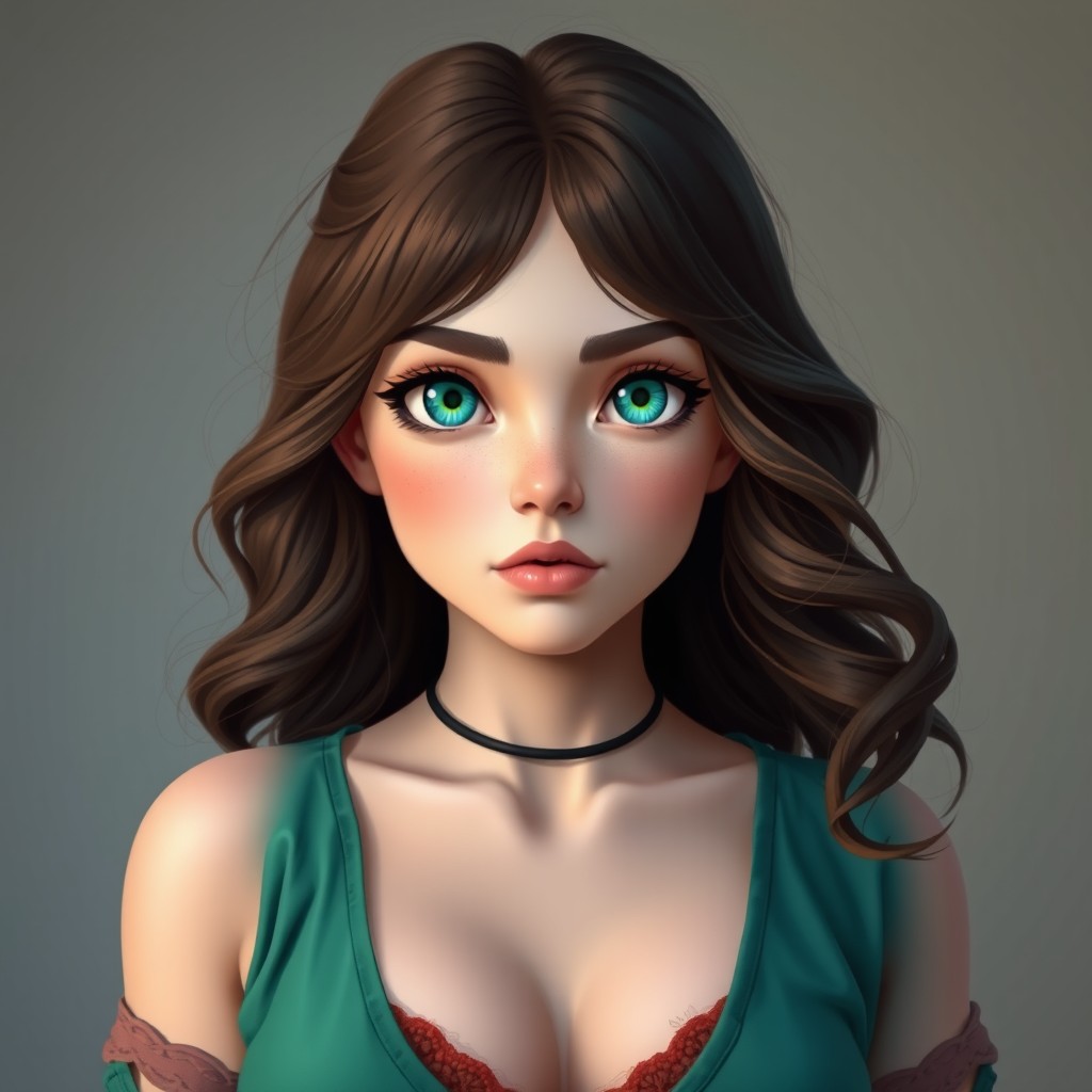 A young Yandere Hippie woman with a short, stocky build and wide hips