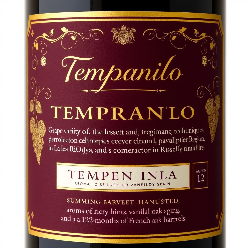 A beautifully designed wine label for a fictional wine, showcasing the details about the grape variety, region of origin, vinification techniques, terroir characteristics, organoleptic properties, and commercial attributes