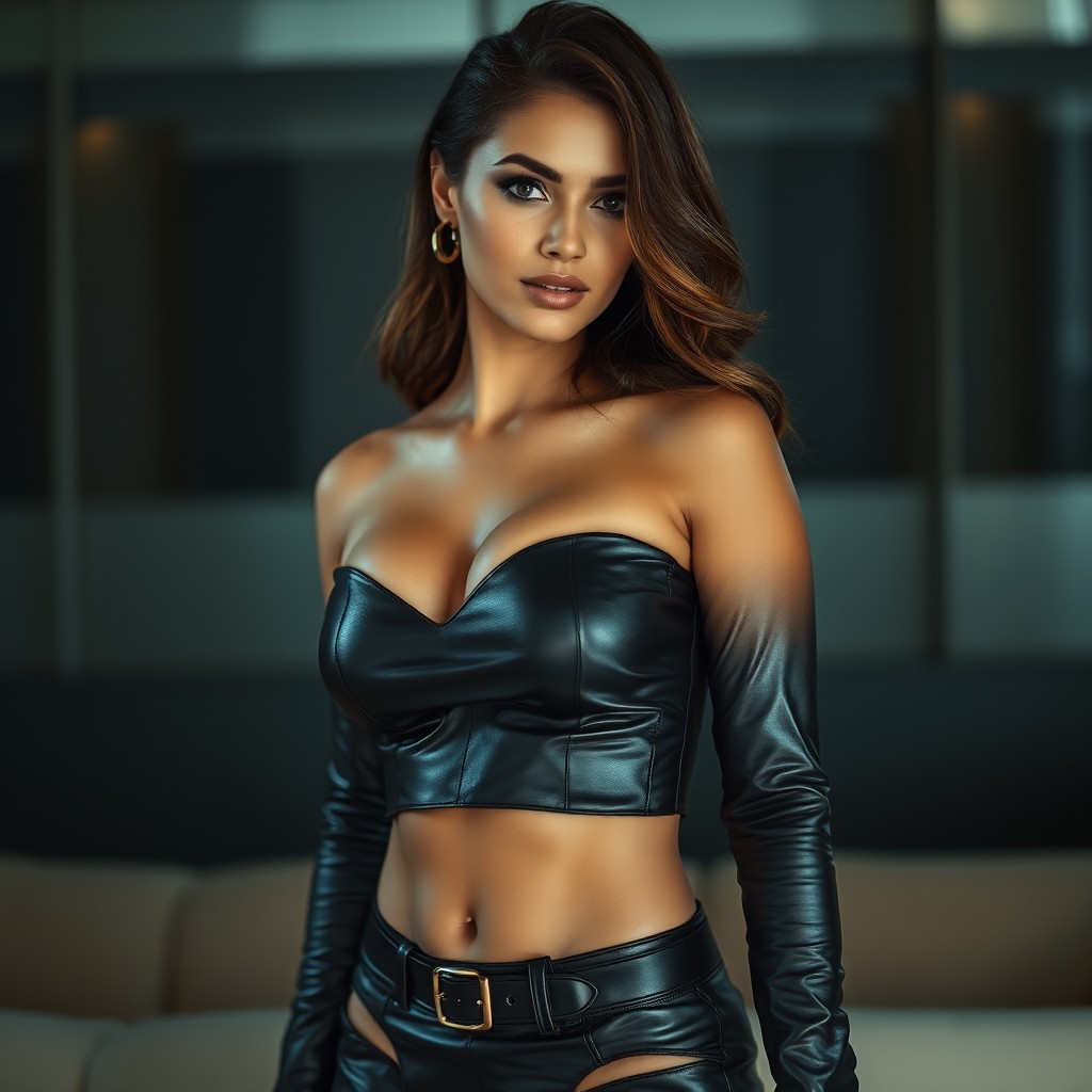 A striking artistic portrayal of a confident woman dressed in elegant leather attire, emphasizing the beauty of the leather against her skin