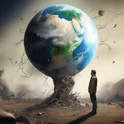 A forlorn human standing before a damaged Planet Earth. Mother Nature, seemingly disappointed and overseeing everything, confronts the human, encapsulating the desperate need for ecological responsibility.