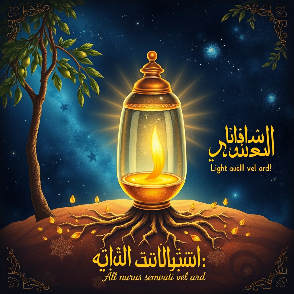 A detailed illustration representing the 35th verse of the Quran, Surah An-Nur, in the style of sacred Islamic miniature art