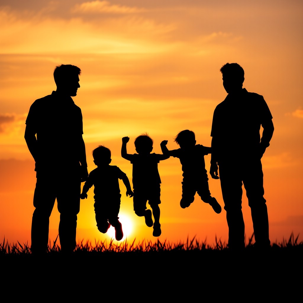 The image features three men's silhouettes standing against a vibrant sunset sky, casting long shadows that take the shape of three playful boys
