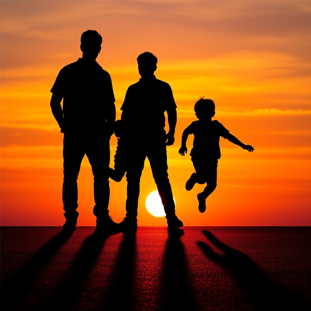 A dramatic silhouette scene featuring three men standing together against a vibrant sunset