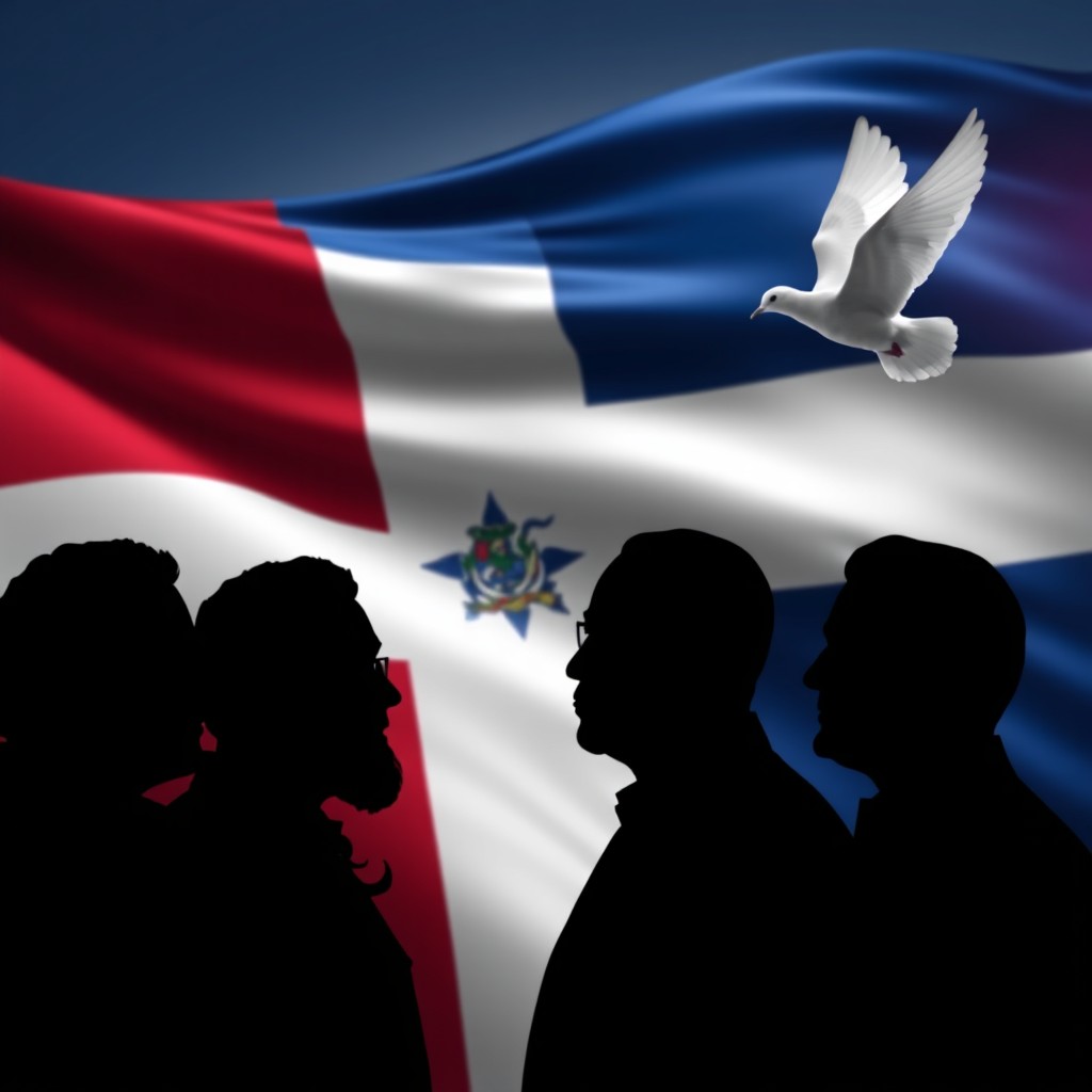 A poignant image depicting the silhouettes of the founding fathers of the Dominican Republic set against the Dominican flag