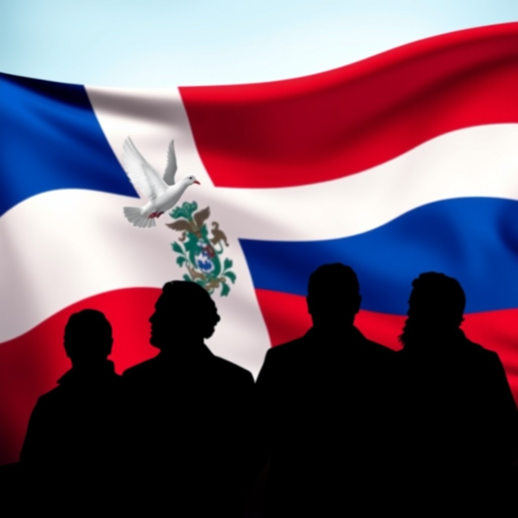 A beautiful silhouette image depicting the founding fathers of the Dominican Republic against the backdrop of their vibrant flag
