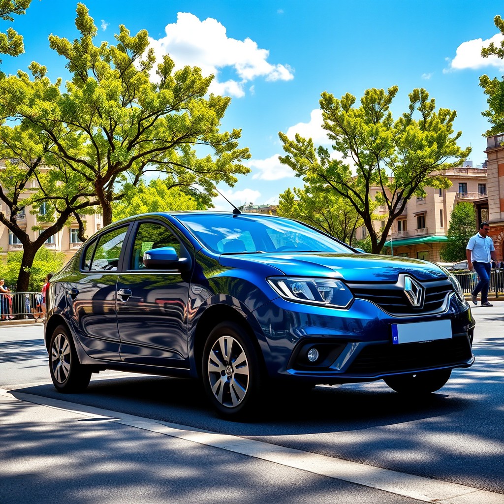 A sleek and modern Renault Logan car parked on a picturesque street with a vibrant cityscape in the background