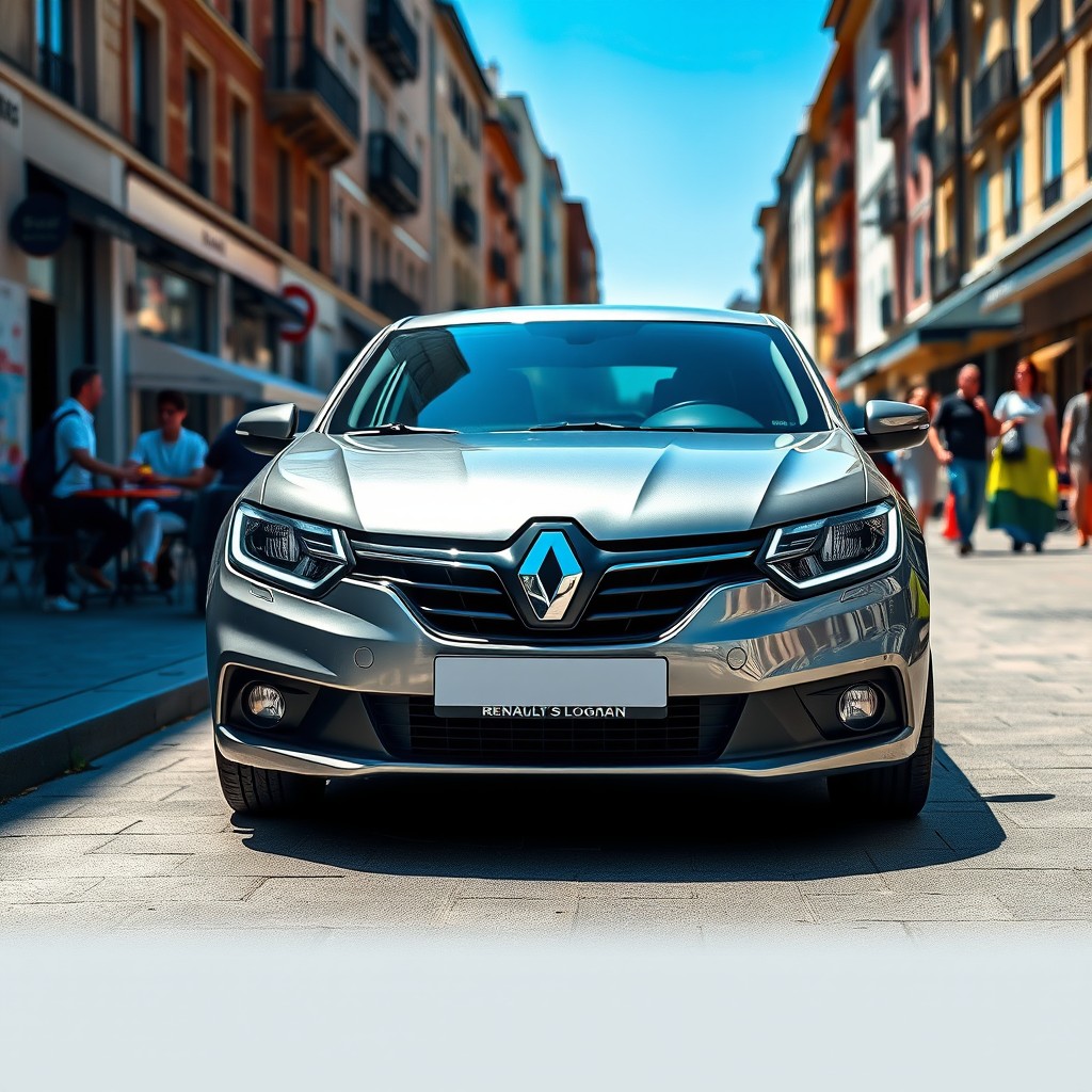 A sleek and modern Renault Logan car parked in an urban setting, showcasing its stylish design and shiny exterior