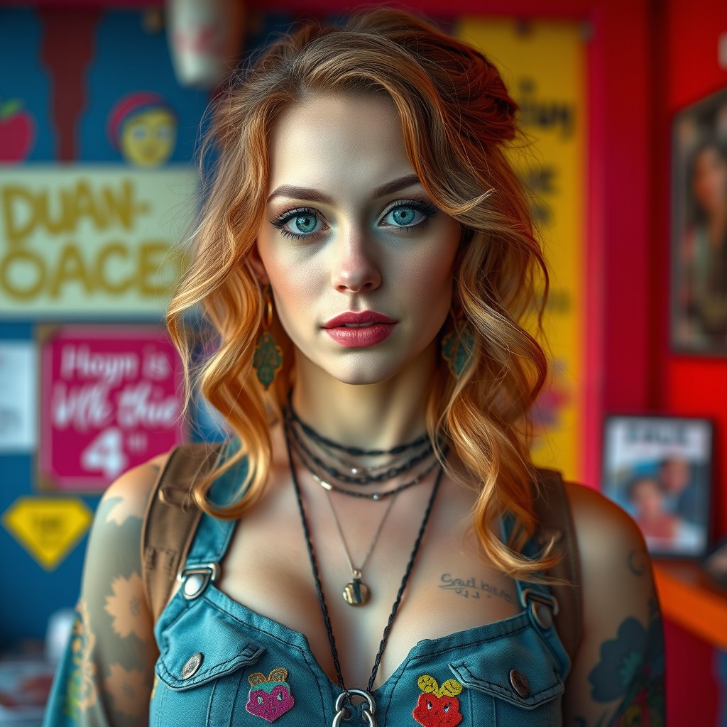 A full body length portrait of a 30-year-old woman who embodies a unique blend of hippie, punk, and nerdy styles