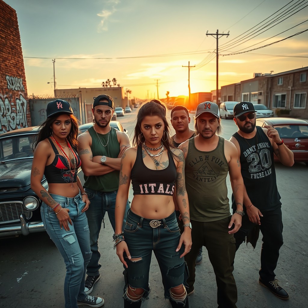 A gritty urban scene depicting a group of tough-looking individuals in Santa Paula, dressed in casual streetwear, exuding a sense of attitude and defiance