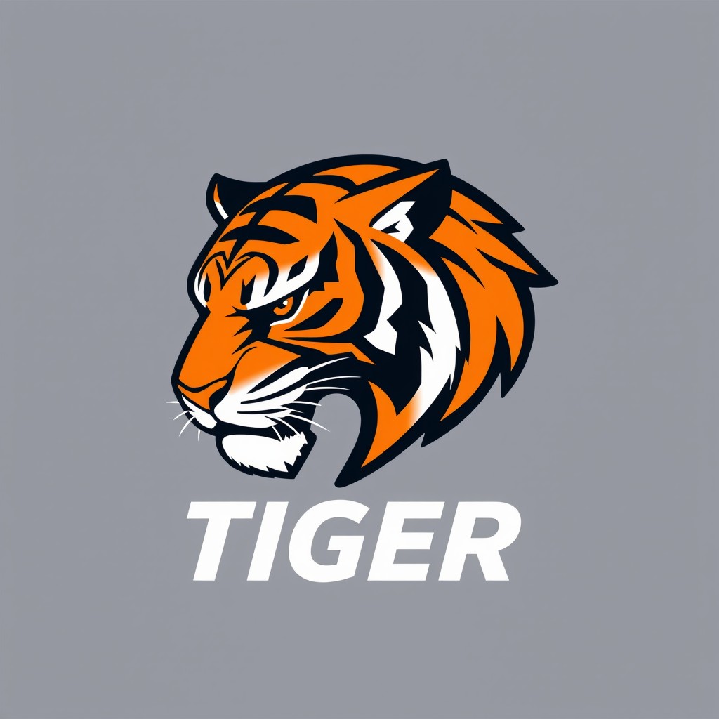 A bold and dynamic tiger logo design, featuring a stylized tiger head in profile view, with sharp lines and curves to convey strength and agility