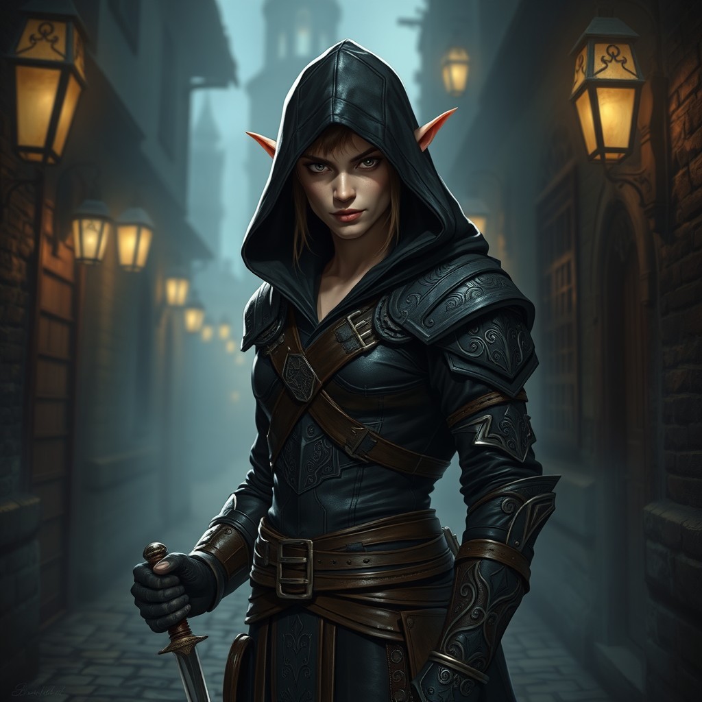 A mysterious half-elf rogue in a dark, dimly lit alley, dressed in sleek, form-fitting leather armor adorned with intricate patterns