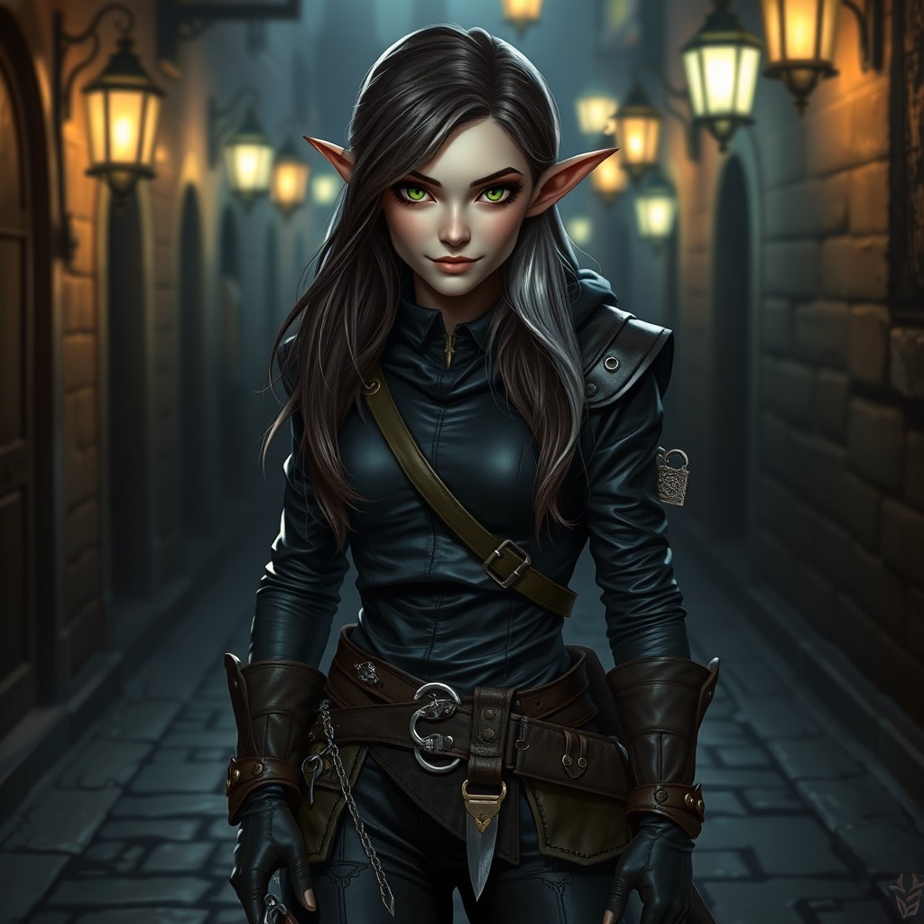 A captivating half-elf rogue standing confidently in a dimly lit alley