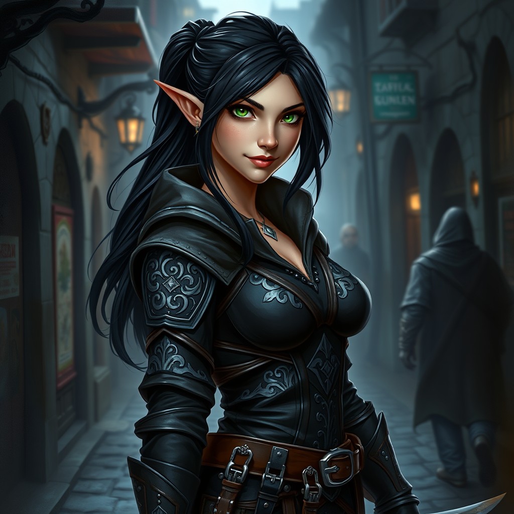 A half-elf rogue, with pointed ears and a lithe build, wearing dark leather armor adorned with intricate silver patterns