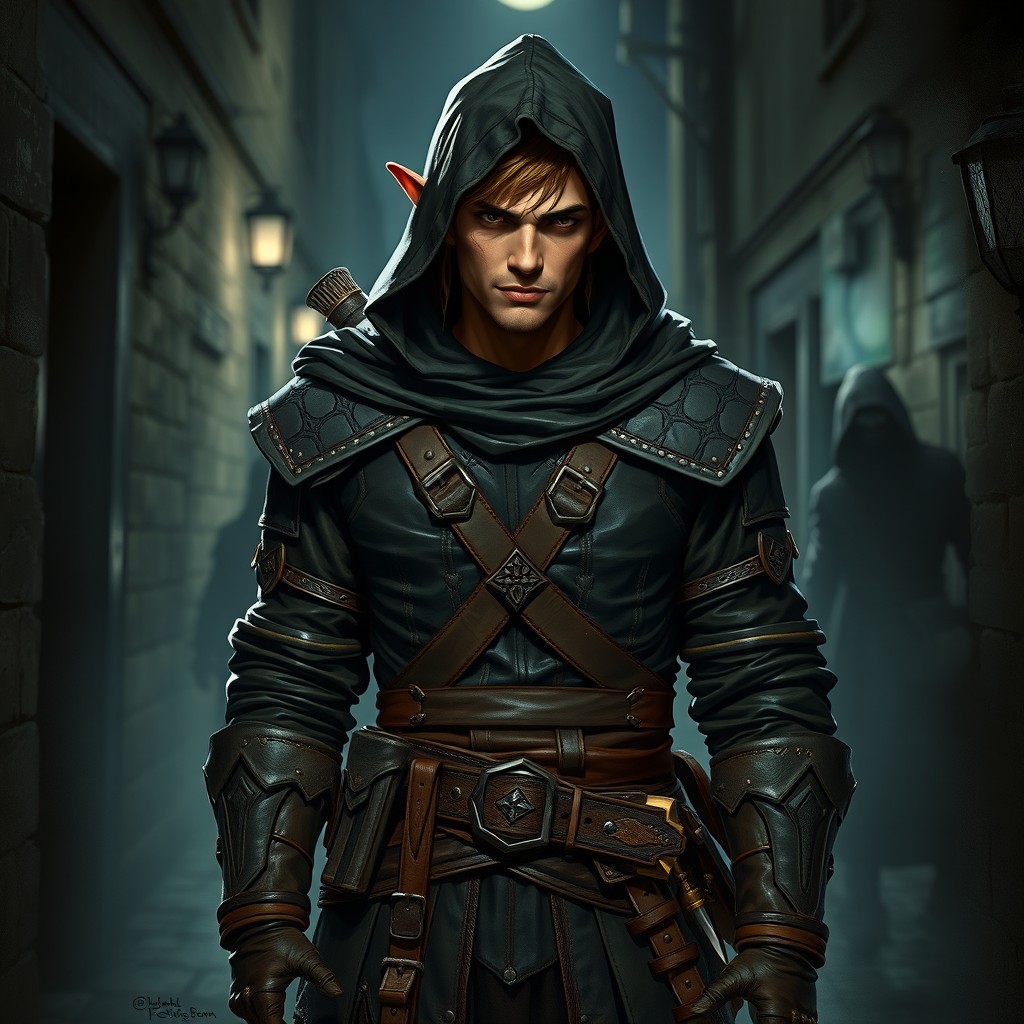 A male half-elf rogue character standing confidently in a dimly lit alleyway, clad in dark, weathered leather armor with intricate details, a hood pulled low over his face