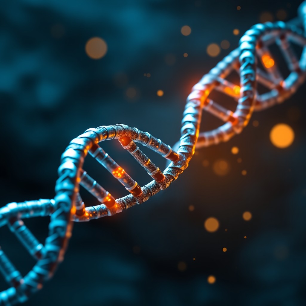 A highly detailed digital illustration of a double helix DNA strand, styled like a scientific visualization