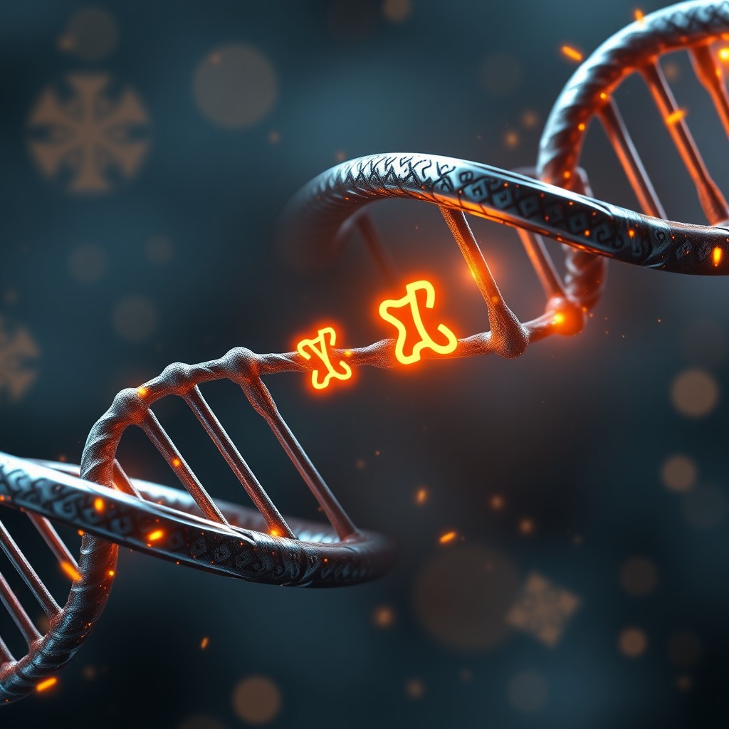 A highly detailed digital illustration of a double helix DNA strand, styled like a scientific visualization
