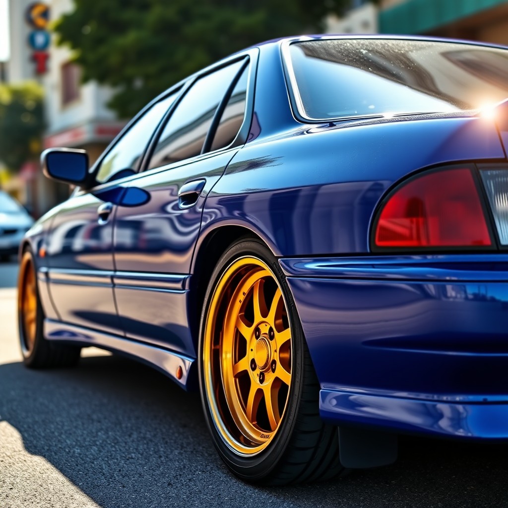 A 1995 Mitsubishi Lancer in a stunning deep blue color with elegant golden accents