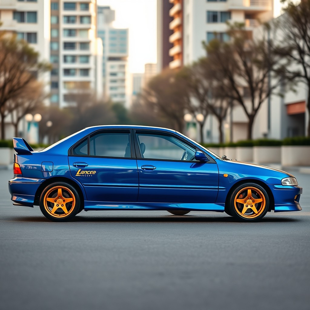 A 1995 Mitsubishi Lancer in a vibrant blue color with elegant gold accents