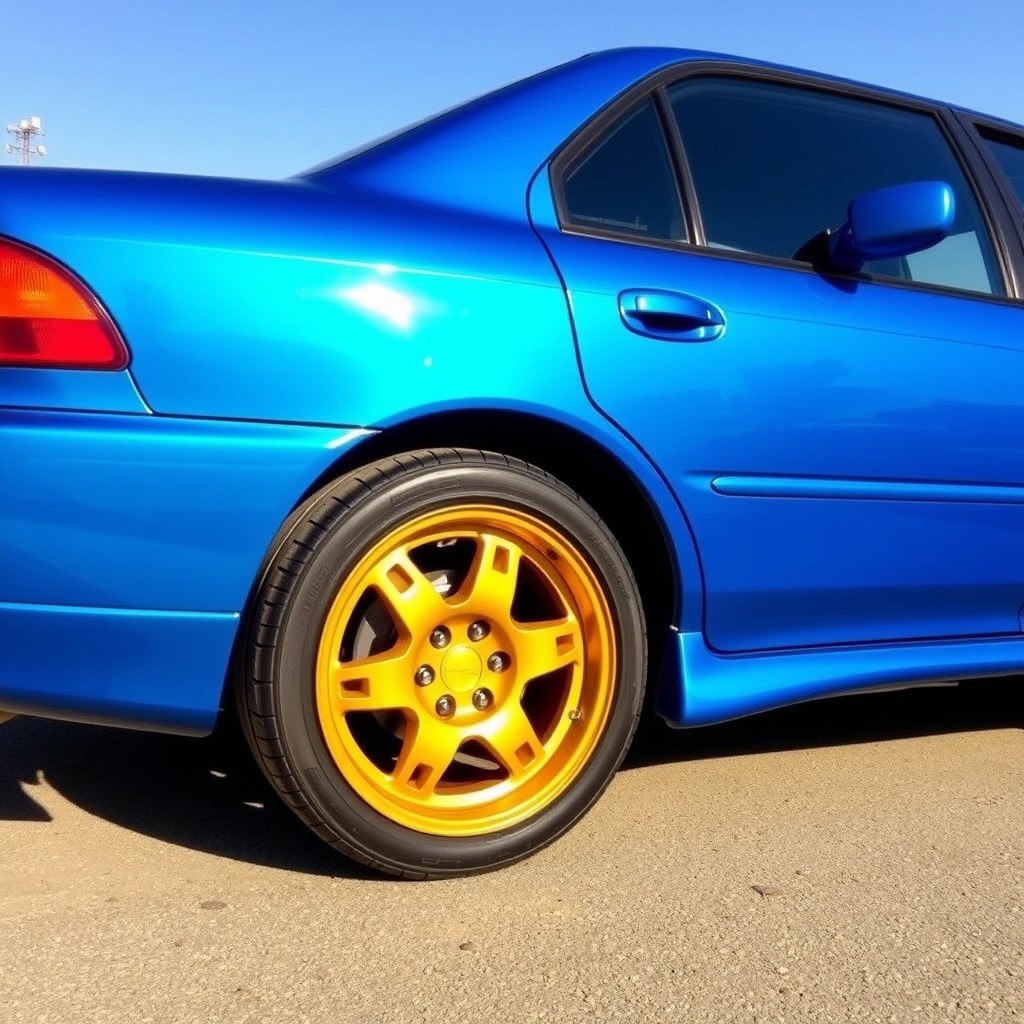 A 1995 Mitsubishi Lancer in a vibrant blue color, featuring elegant golden accents