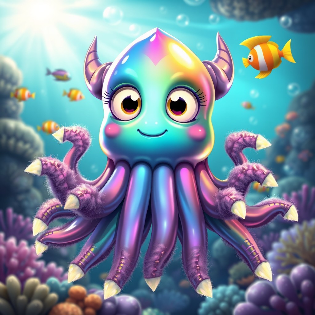 A whimsical creature named SquabbyLualatyr, featuring a mix of traits inspired by a squid and a mythical beast
