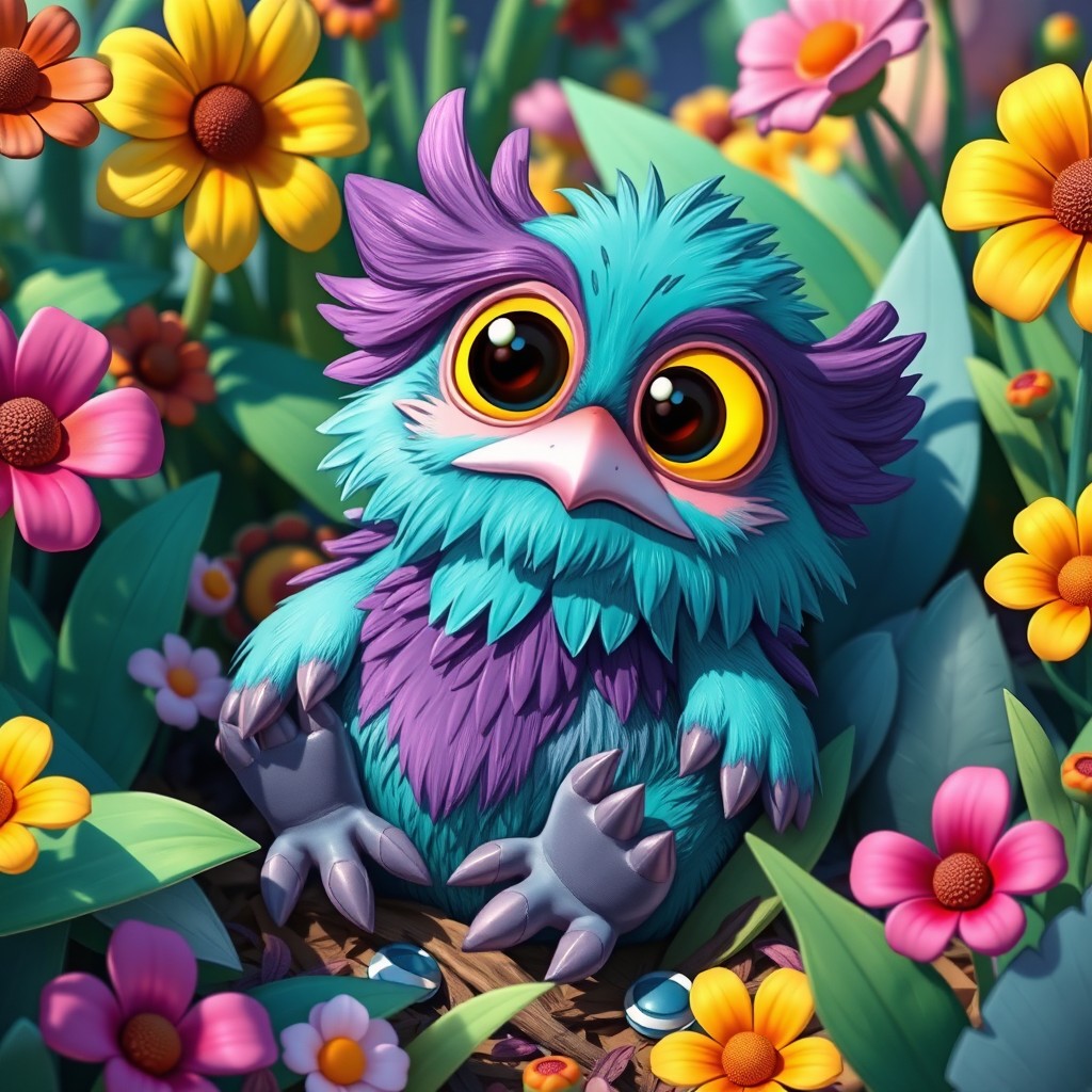 A whimsical and fantastical creature known as SquabbyLualatyr, characterized by its squabby, chubby body, vibrant plumage in shades of teal and purple, and large expressive eyes