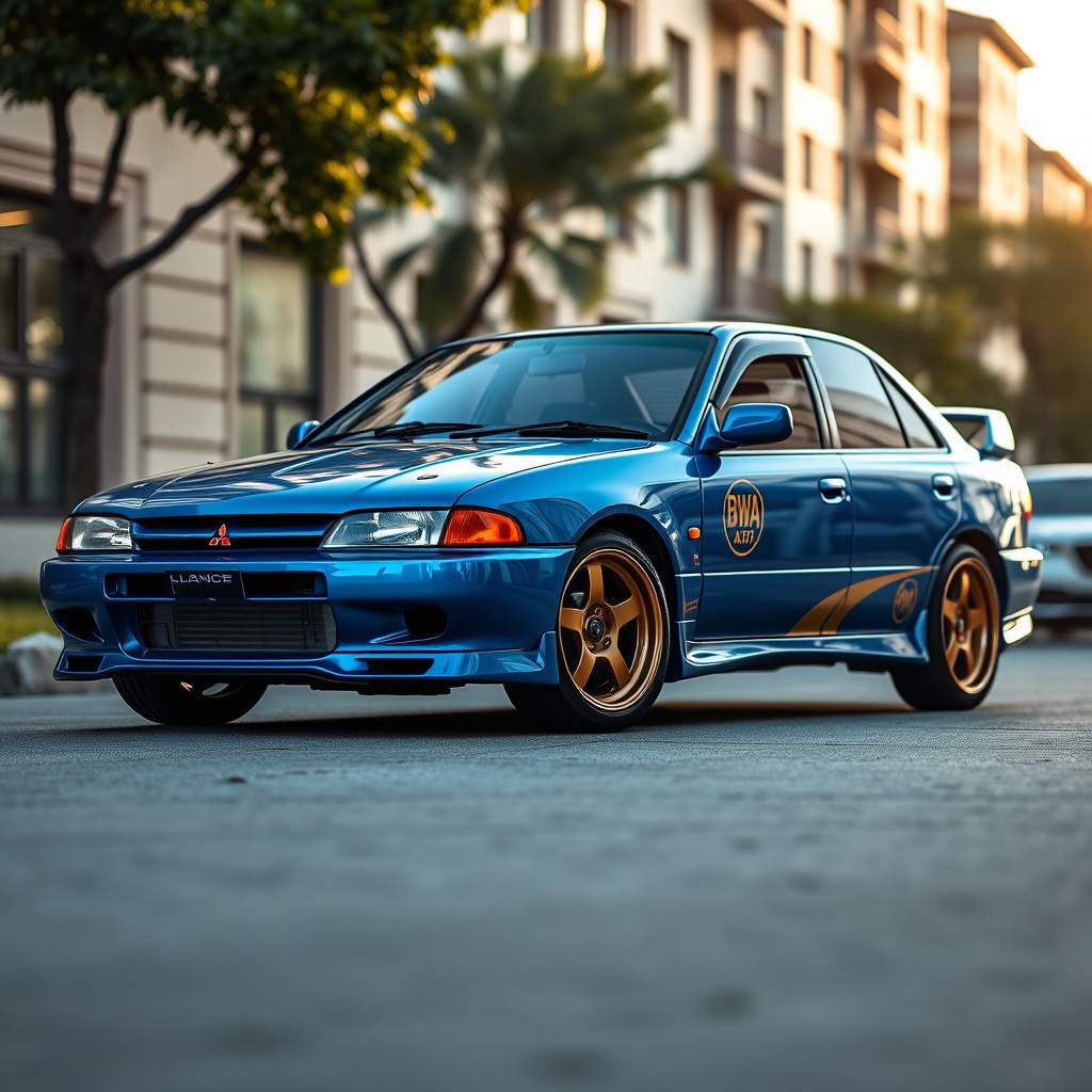 A frontal view of a 1995 Mitsubishi Lancer in a vibrant blue color with elegant gold accents