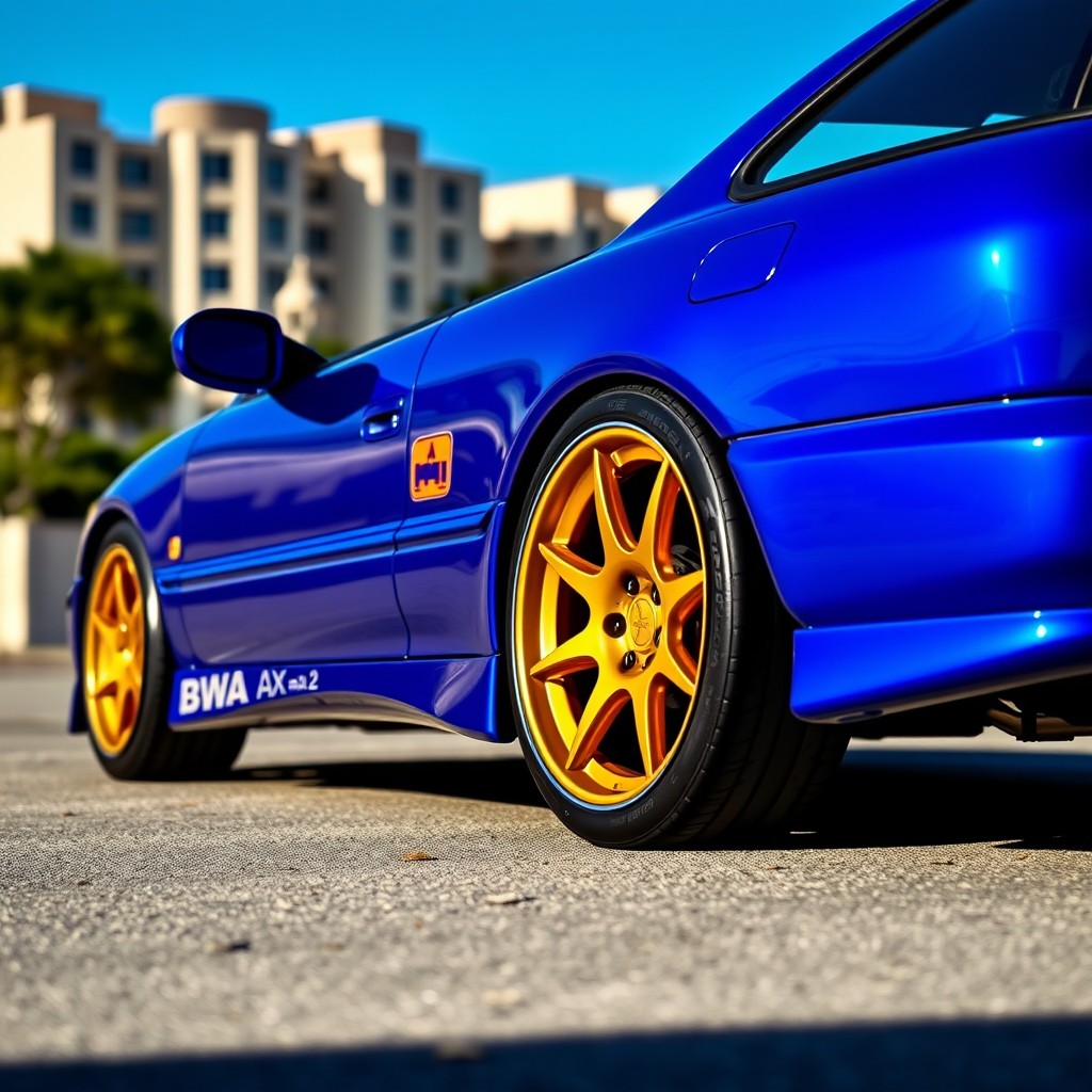 A 1995 Mitsubishi Lancer in a vibrant blue color with elegant gold accents