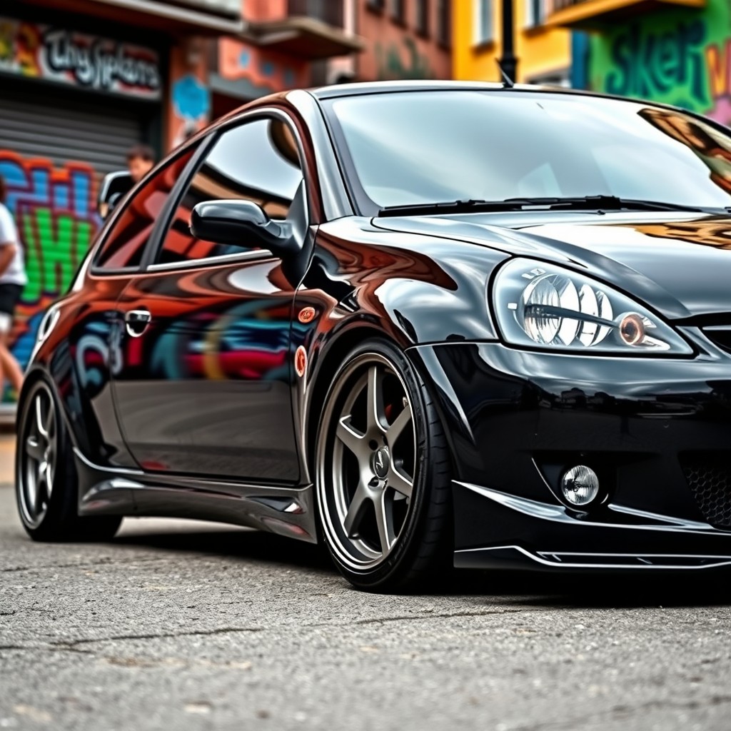 A sleek, modified 2002 European Corsa car parked in a vibrant urban setting