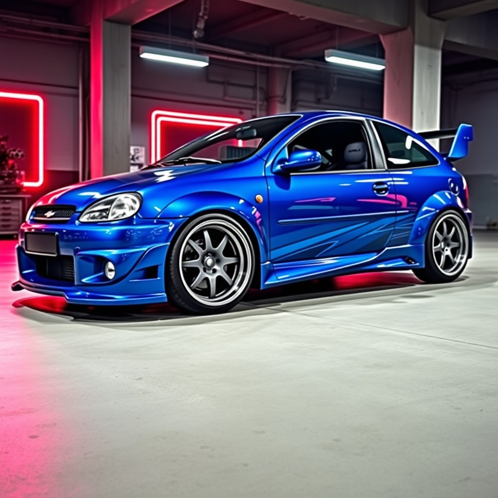 A highly modified 2002 European Chevrolet Corsa, showcasing an impressive tuning style