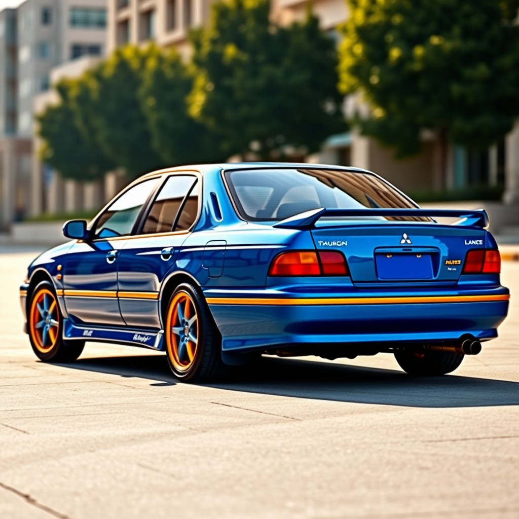 A 1995 Mitsubishi Lancer in a vibrant blue color with elegant gold accents