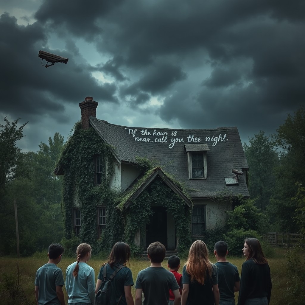 A mysterious and abandoned old house in a small village, overgrown with vines and surrounded by trees
